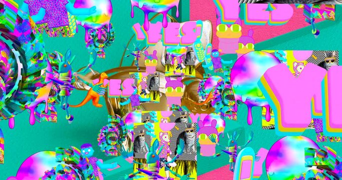 Looped 4k animation. 2d, 3d Crazy chaos mix of fashion objects and characters. Ideal creative modern clip for music background .