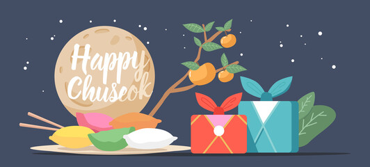 Chuseok Tteok Korean Tradition Asian Thanksgiving Day, Family Holiday Celebration Concept. Traditional Rice Cakes, Gifts