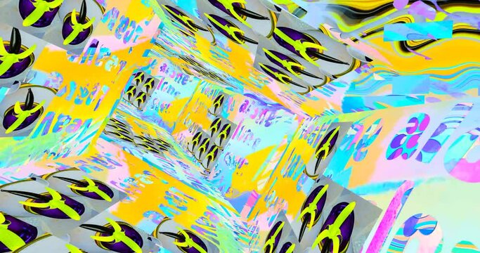 Looped 4k animation. 2d, 3d Crazy chaos mix of fashion objects and characters. Ideal creative modern clip for music background .