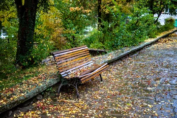 Fleecedeken met foto Empty lonely bench with leaves in autumn park © EdVal
