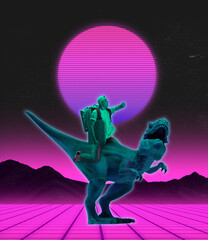Creative retro design. Contemporary art collage of young man riding on dinosaur isolated over black and pink background in neon