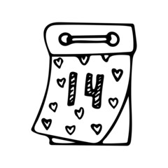 Hand drawn cute calendar. Vector Valentine's day clipart. Calendar for February 14. Outline.