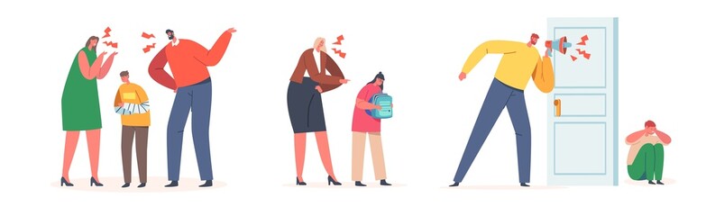 Conflict between Parents and Children Concept. Family Characters Mother and Father Yelling and Blaming Daughter or Son