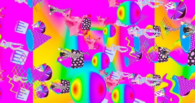 Vertical Looped 4k animation. 2d, 3d Crazy chaos mix of fashion objects and characters. Ideal creative modern clip for music background 