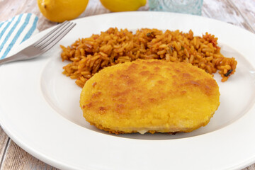 breaded meat and tomato rice on a plate