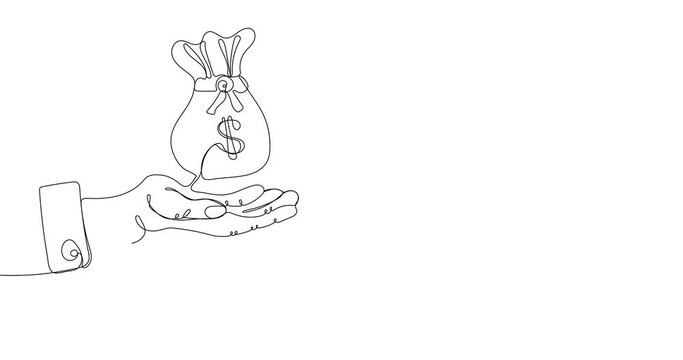 Animated continuous one line drawing of hand holding money bag with dollar. Business and Finance Concept