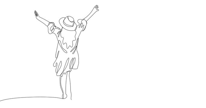 Animated continuous one line drawing of Happy woman in hat standing and stretching two hands towards sky. Concept of freedom, happiness, relaxation