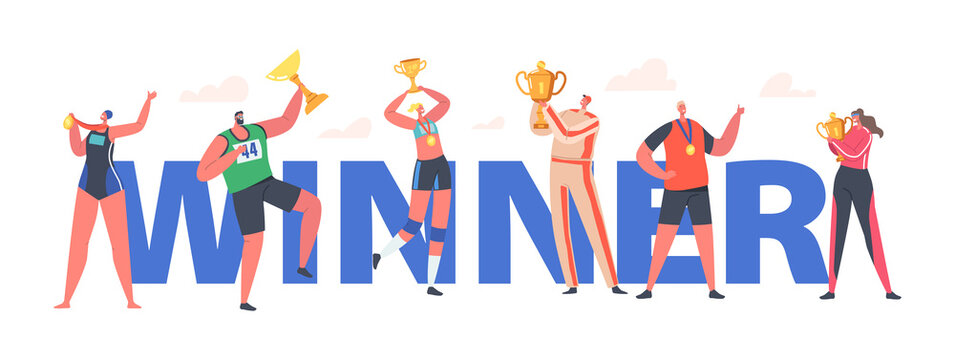 Winner, Victory Concept. Champion, Winner, Young Smiling Happy Sportsmen and Sportswomen Holding Golden Trophy in Hands