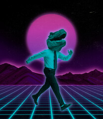 Creative design. Contemporary art collage of businessman with dinosaur head walking on graphic neon...