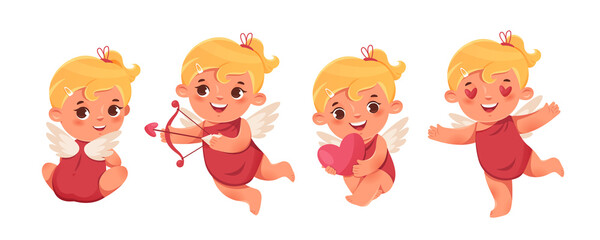 Funny cupid, little angels or amur. Cute little kids with heart. Romantic vector cartoon characters.