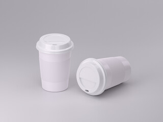 3d render two white plastic coffee cup mockup template photos with white background