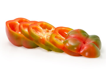 Bell pepper sliced into rings on a white background
