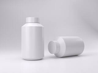 3d render two empty white supplement bottle mockup template photo in white background