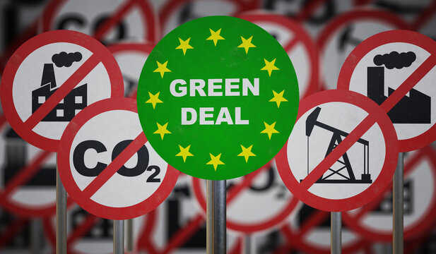 Green deal sign in front. Ecology and CO2 carbon dioxide neutrality concept. 3D rendered illustration.