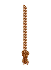 Isolated hanging ropes with tassel. Realistic knotted nautical thread. Nautical or marine vertical fiber. Hemp string with brush and frayed knot. Textile tassel hang at rope