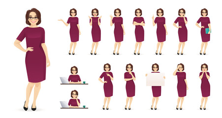 Elegant mature business woman in different poses set. Various gestures female character standing and sitting at the desk isolated vector illustration - Powered by Adobe