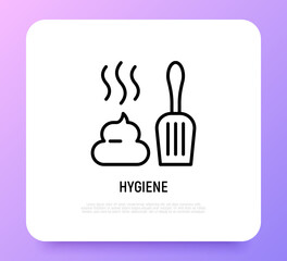 Hygiene after pet thin line icon: poop and scoop. Modern vector illustration for pet shop.