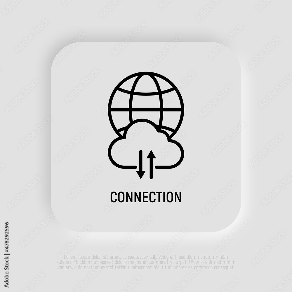 Wall mural internet connection thin line icon: globe with cloud and arrows. modern vector illustration.