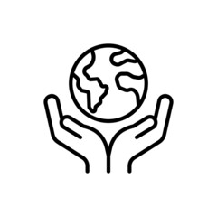 Save planet. Hands holding planet Earth. Environmental economics, social responsibility for nature. Thin line icon. Vector illustration.