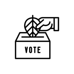Vote for green politics: hand puts leaf in ballot-box. Thin line icon. Modern vector illustration.