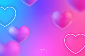 Happy Valentines Day holiday background. Blue and pink glowing hanging neon hearts. Flying colorful balloons with neon light reflection.