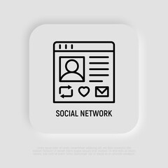 Social network thin line icon. Modern vector illustration of personal web page with repost sign, heart, message.