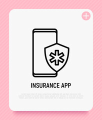Medical insurance app on smartphone. Thin line icon. Modern vector illustration.