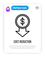Cost reduction thin line icon. Special offer, promotion, price fall. Modern vector illustration.