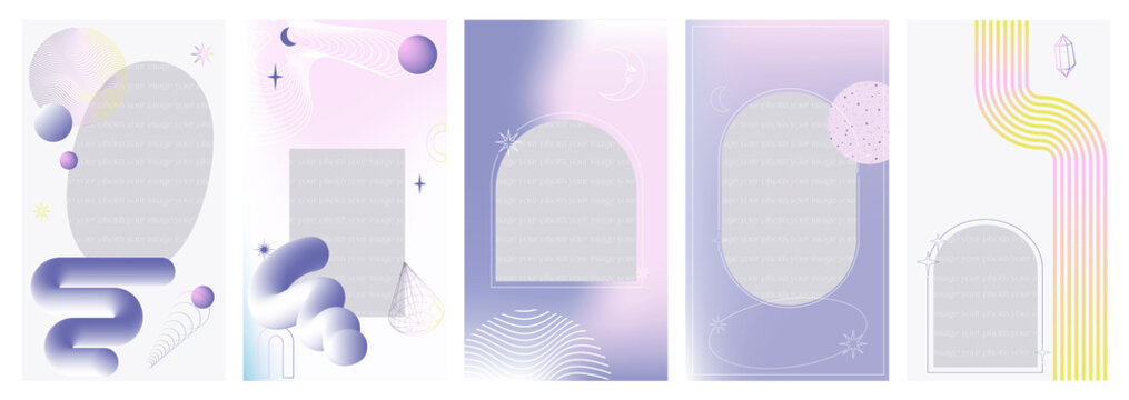 Template for instagram, social media collection. Vertical background. Modern gradient abstract elements, Line, Geometry Shapes, Wave, Astrology sings, 3d shapes. Editable Vector Illustration.
