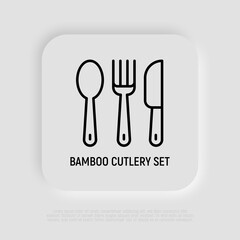 Bamboo cutlery set thin line icon. Zero waste. Modern vector illustration.