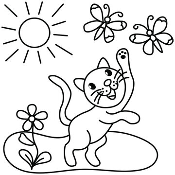 coloring book for children, the cat catches a butterfly