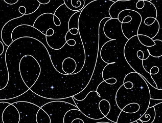Abstract decorative vector seamless pattern with handwritten lines, stars and ornamental curls