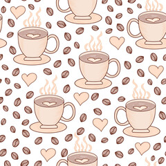 Obraz premium Beverage vector seamless pattern with hot coffee cups, coffee beans and hearts