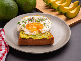 Toast with avocado and eggs served on a plate