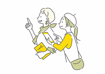 旅行を楽しむふたりの女性　スマホ　シンプルでお洒落な線画イラスト © fumi