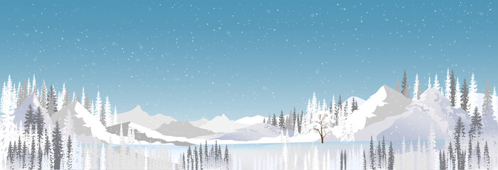 Winter wonderland landscape by the lake covered with frost tree in the snowdrifts.Magical winter forest of beautiful Natural with snow falling on blue sky background,Vector illustration horizon banner