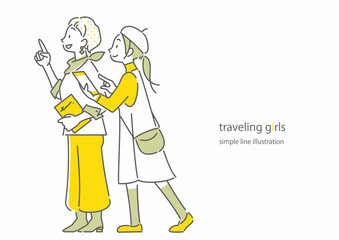 旅行を楽しむふたりの女性　シンプルでお洒落な線画イラスト