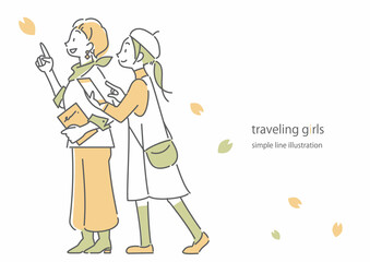 旅行を楽しむふたりの女性　桜の花びら　シンプルでお洒落な線画イラスト
