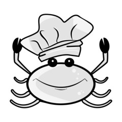 Cartoon crab chef isolated on white background. Smiling crab or lobster cook with chef hat. Seafood restaurant logo. Mascot character crawfish for sea product label, menu or sign. Vector illustration - obrazy, fototapety, plakaty