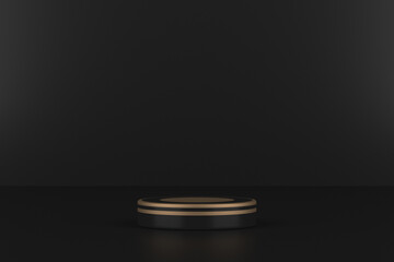 Golden cylindrical pedestal on gray background 3d rendering