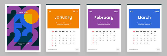 Modern 2022 сalendar design. 2022, 2023. Editable calendar page template A4, A3. Vertical. Simple monthly vertical photo calendar Layout for the 2022 year in English. Set of 12 months.