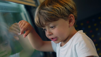 Child traveling by train, little boy staring out train window