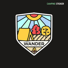 Camping adventure sticker design. Travel hand drawn patch. Wander label isolated. Stock badge