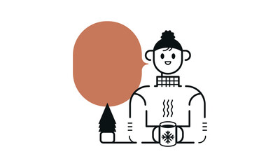 Illustration noir et blanc d'une personne en hiver qui boit un chocolat chaud pour se réchauffer dans un café en discutant dans une bulle de conversation