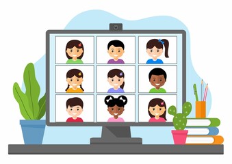 Online education and learning from home with computer screen. Distance learning.  Vector illustration