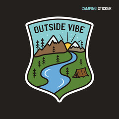 Camping adventure sticker design. Travel hand drawn logo emblem. State park label badge. Stock Outside vibe graphics