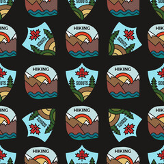 Camping adventure badges pattern. Outdoor hiking seamless background with mountains scenes, scouts. Stock labels texture