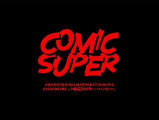 Comic handwritten red font, script alphabet, calligraphy cursive typeface, hand drawn typeface in style of comics