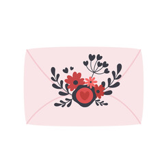 Envelope with flowers, leaves and branches. Love, romantic, Valentines day, wedding concept. Vector illustration
