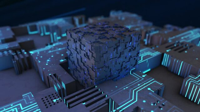 Abstract digital data, tech cube box, Sci-Fi Neon Glowing Lights in dark. 3D rendering